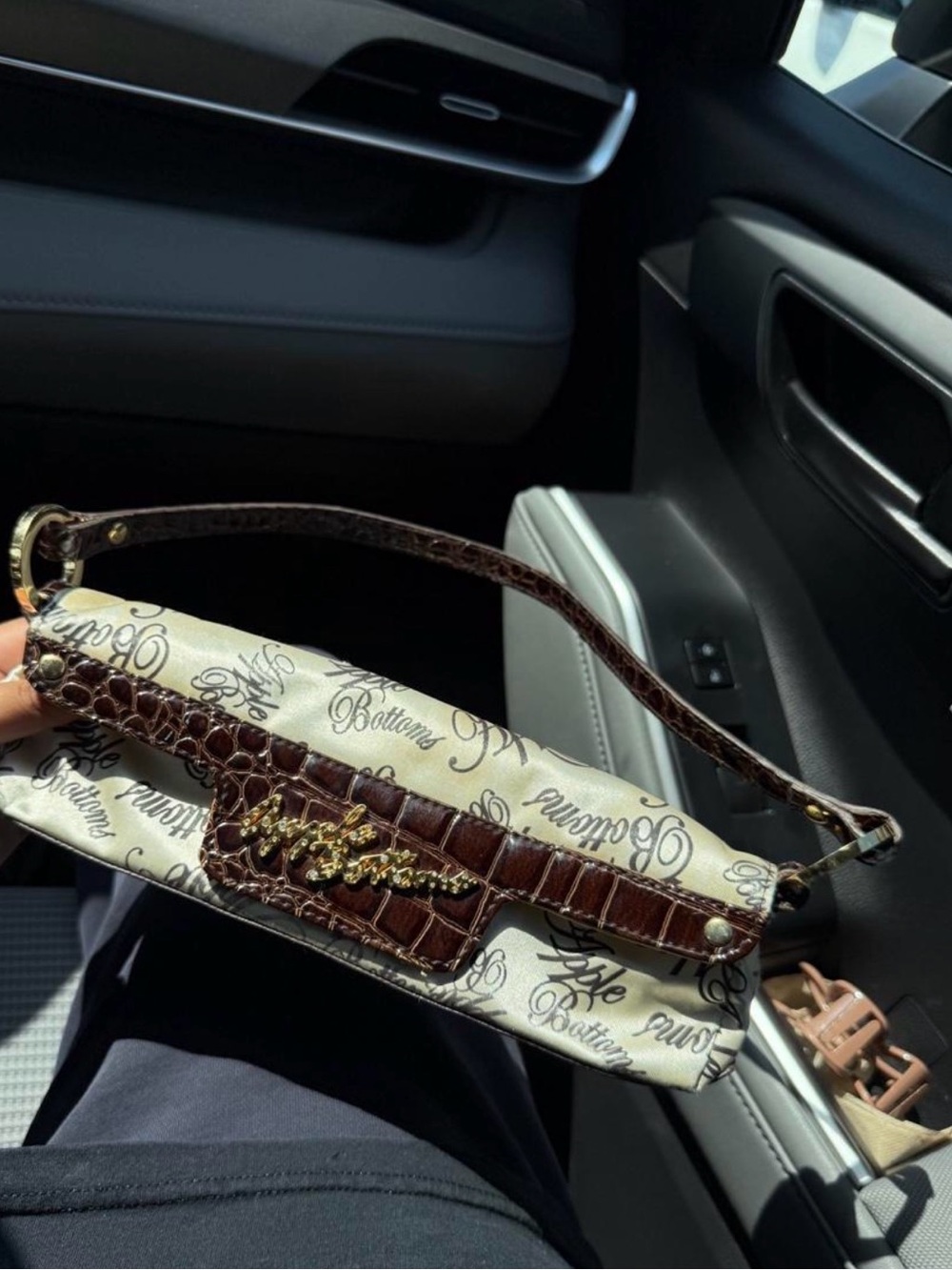 Brown Croc-Trim Printed Shoulder Bag